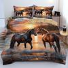 Three-Piece Bed Set, Xiyin 3D Digital Printing Polyester Polished Sunset Galloping Horse Quilt Cover