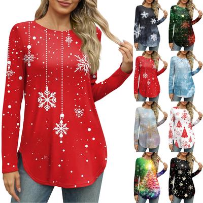 Damen Langarmshirt mit Rundhalsausschnitt, seitlicher Schlitz, Basic, lockere Tunika-Oberteile, Weihnachtsdruck, Freizeithemden