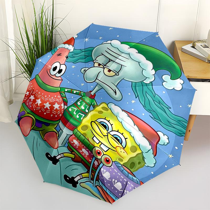 

1pc SpongeBob SquarePants Christmas Edition Automatic Opening Umbrella, Portable Tri-Fold Design with 8-Bone Iron Frame, Outdoor, Festive Gift for Fan