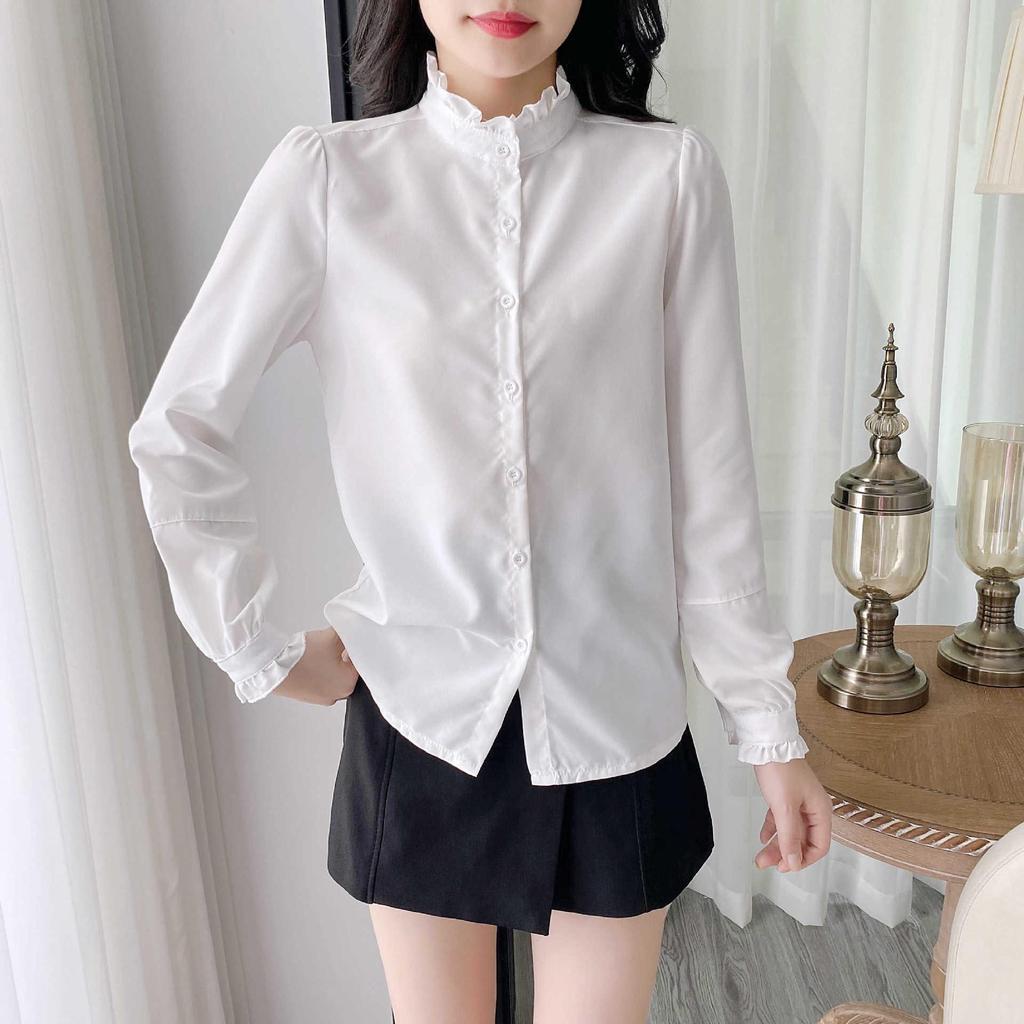 Women's 2024 French Stand-Up Collar Ruffled Long-Sleeve Shirt