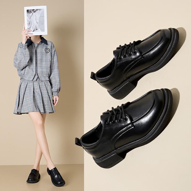 New black retro women's platform single shoes, soft-soled lace-up small leather shoes