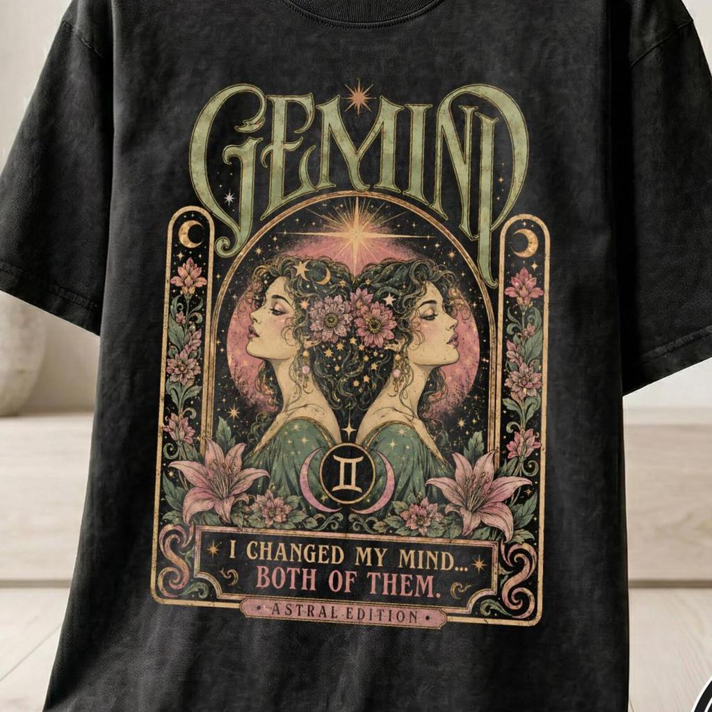 Vintage Gemini Zodiac Sign T-Shirt and kids tshirt, Mystical Celestial Art Nouveau Graphic Tee, Boho Witchy Astrology 'I Changed My Mind' Top