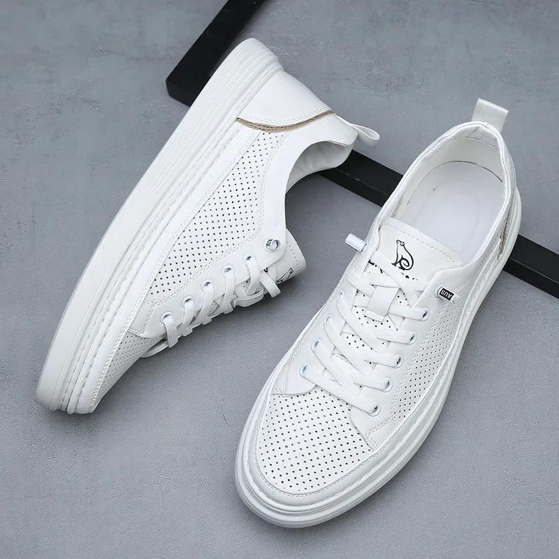 Neue Herren Freizeit-Schuhe aus echtem Leder Atmungsaktiv Mikroporös Flache Skate-Schuhe Schnür-Sneaker