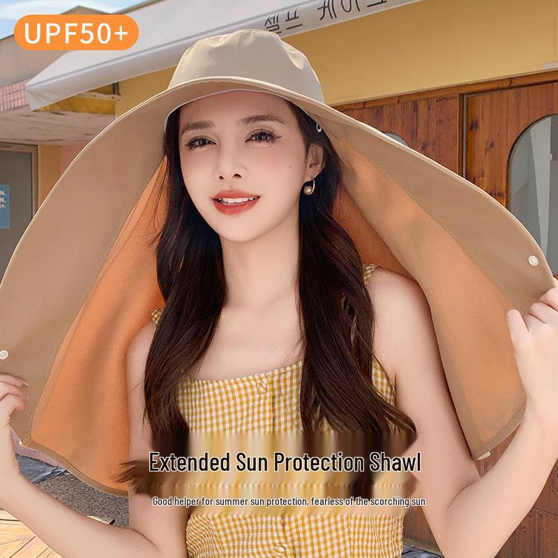 Women's Sun Hat with Large Brim, Neck Protection, UV Face Covering, and Ponytail Opening