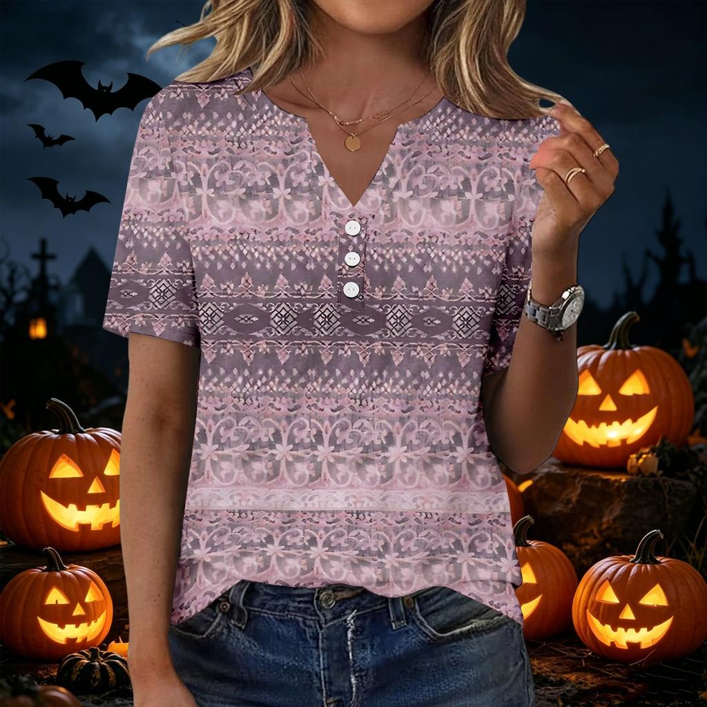 Women's Halloween Printed V-Neck Short Sleeve T-Shirt with Pocket, Loose Fit