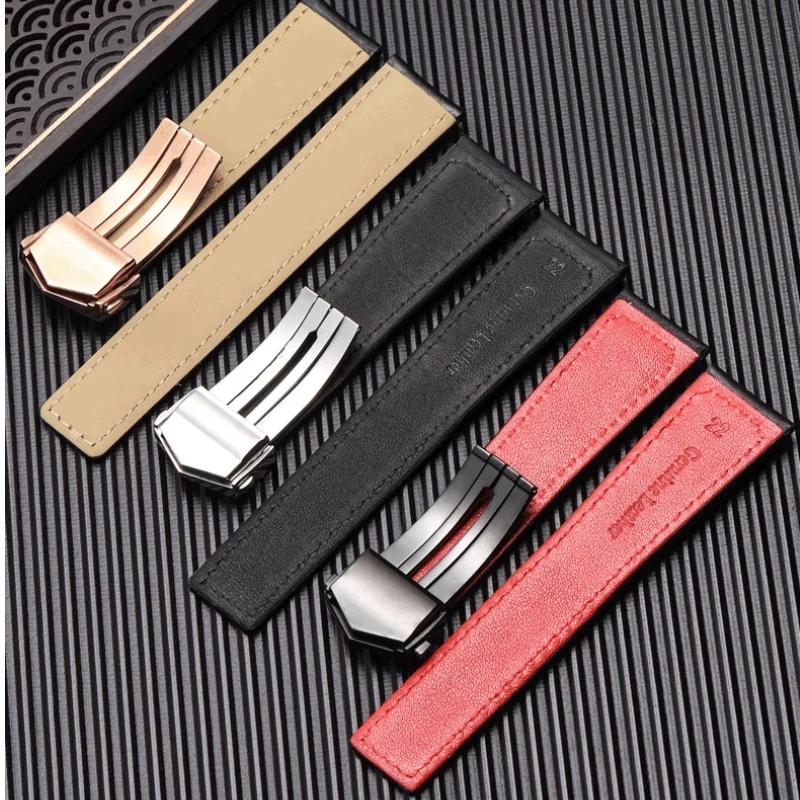 19mm 20mm 22m Cowhide Watchband For TAG Heuer Calera Monaco F1 Black Red Men Genuine Leather Strap Metal Folding Buckle Bracelet