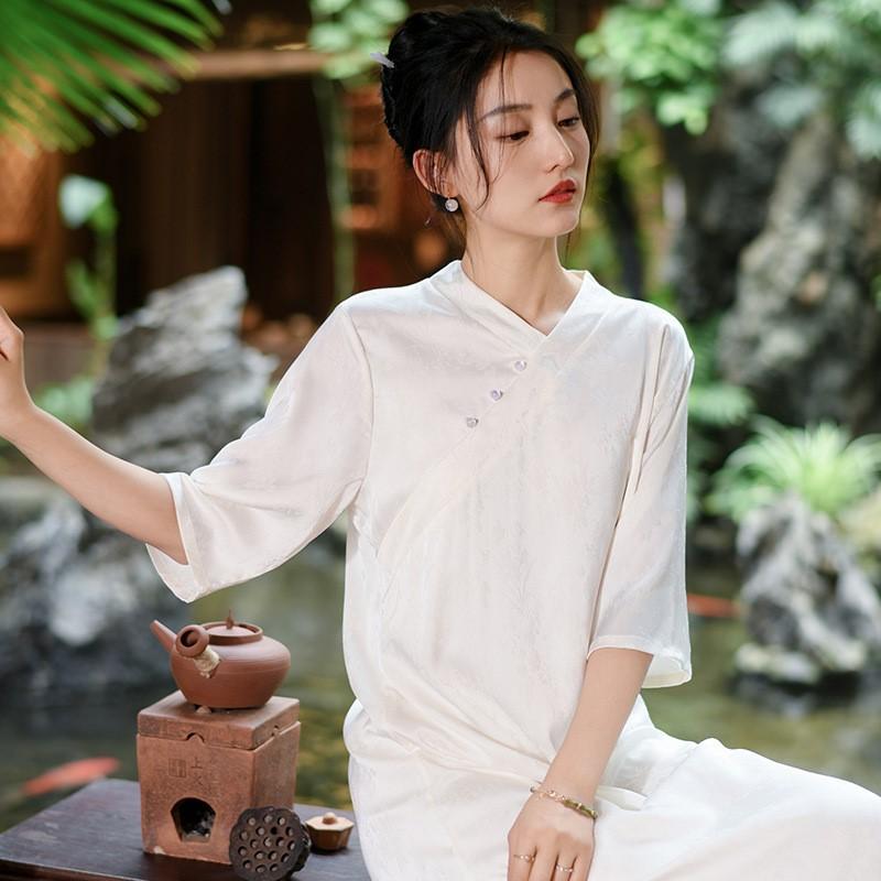 Johnature Women Chinese Style V-Neck Dresses Jacquard Half Sleeve Button Summer A-Line Female Vintage Dress