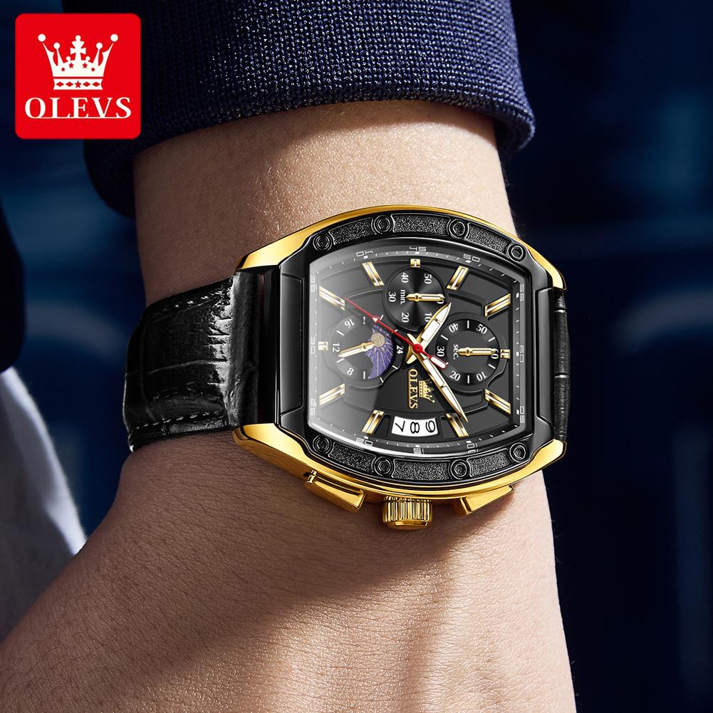 OLEVS Brand Watch Men's Business Quartz Watch Multi Functional Leather Strap 3661