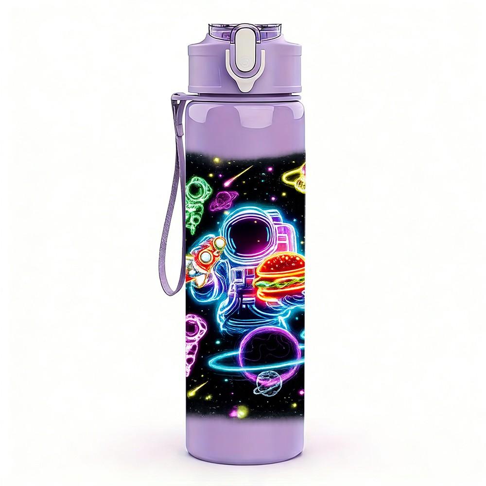1PC Neon Glow Abstract Graffiti Print 750ml Color Plastic Sports Water Bottle Leakproof Flip Straw Lid Suitable for Sports Office Home Use