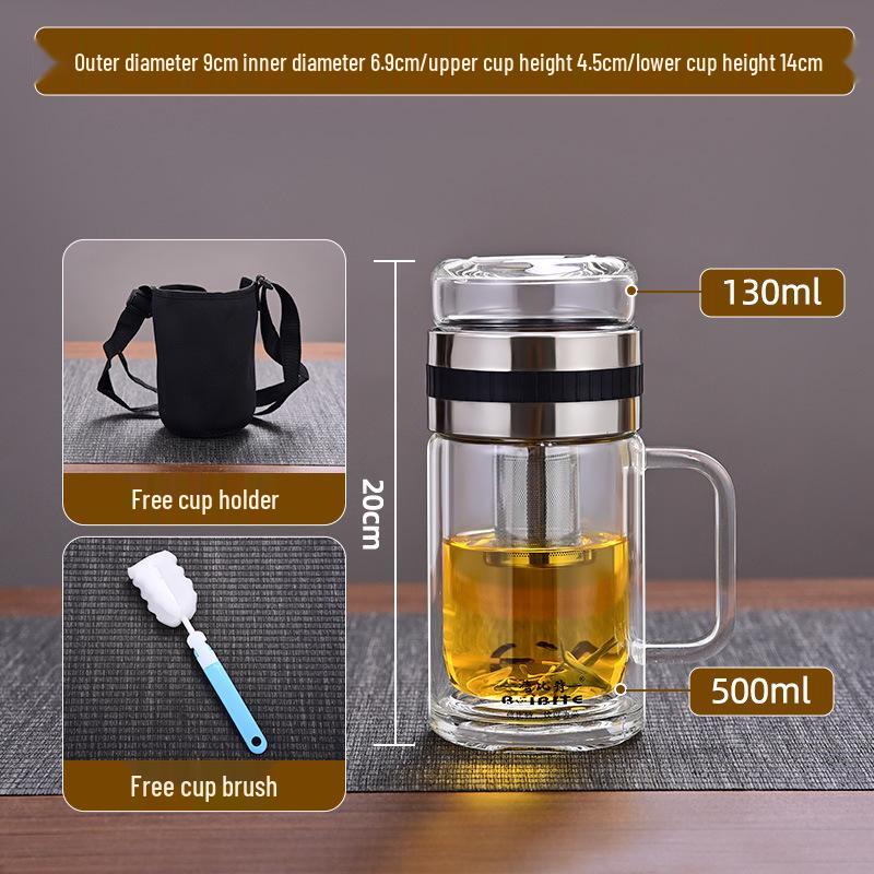 High Temperature Resistant Large Capacity Glass Tea Cup with Infuser, Double-Walled, Heat Insulated, and Portable Borosilicate Glass.