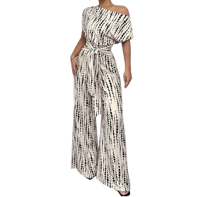 Women Off Shoulder Abstract Print Belted Wide Leg Elegant Jumpsuit