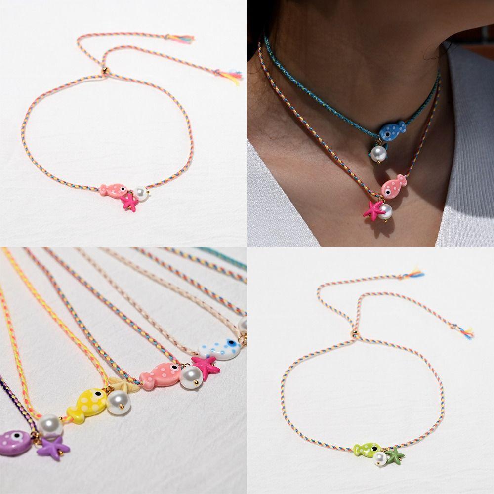 Bohemian Fish Pendant Necklace Ceramic Marine Fish Pendant Necklace Cartoon Collarbone Chain Women