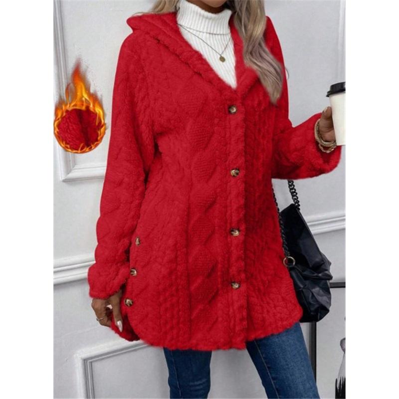 Women's Solid Color Fuzzy Hooded Coat Plush Open Front Jacket With Buttons