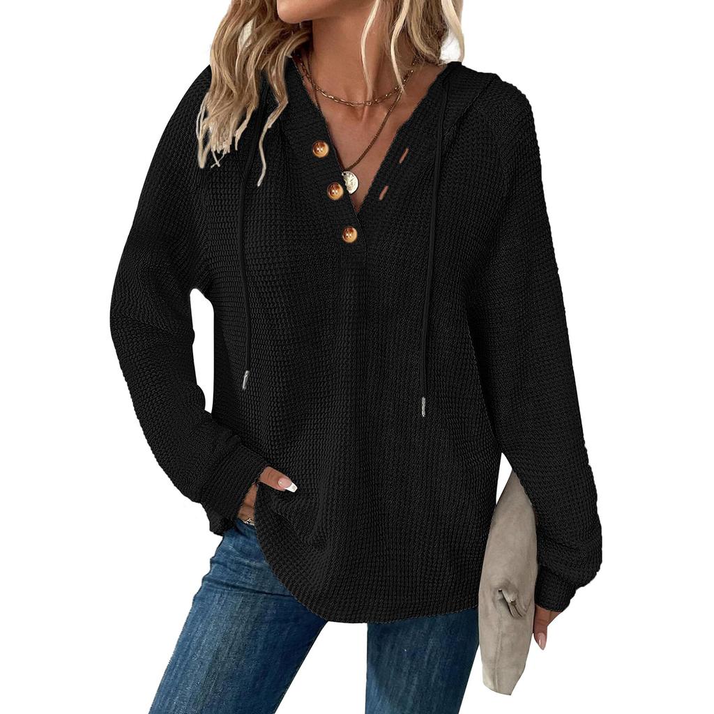 Women's Fashion Long Sleeve Drawstring Hooded Button V-neck Casual Hooded Sweatshirt Top