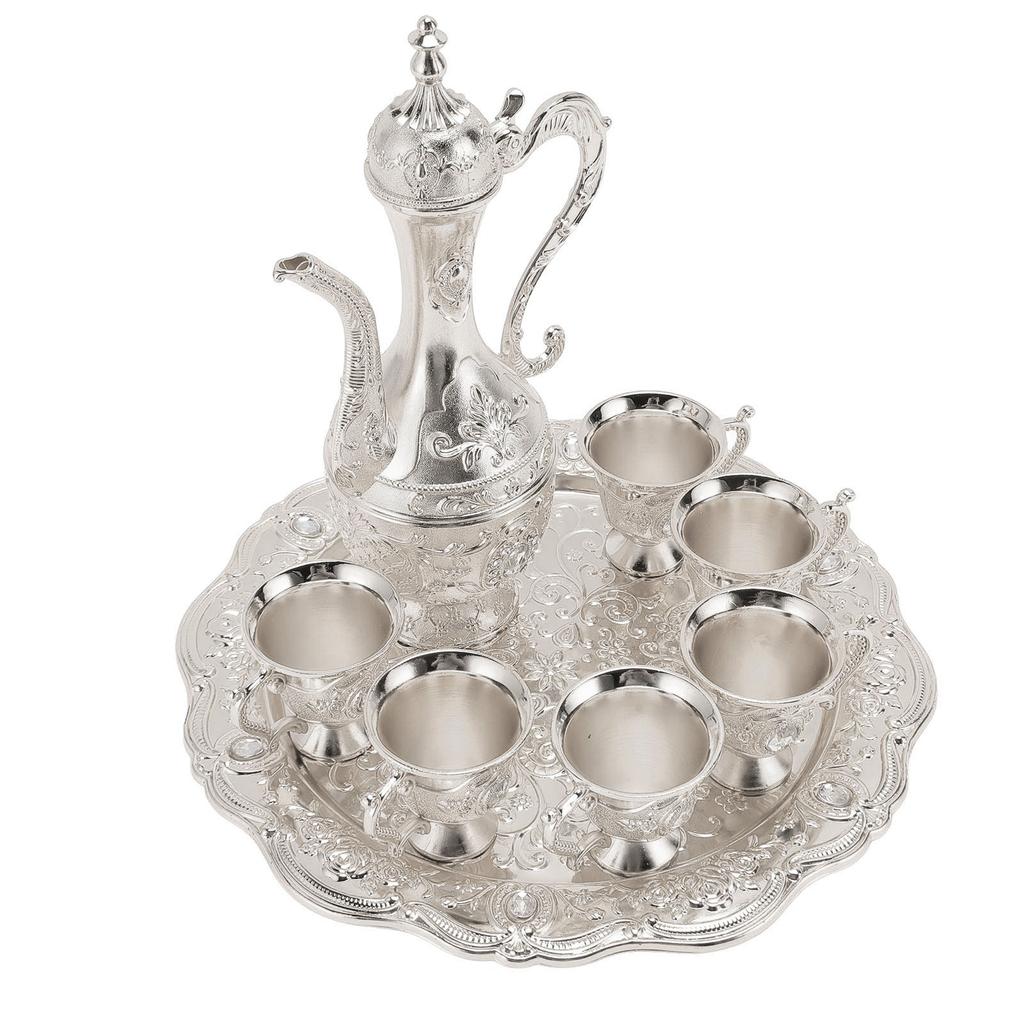 Alloy Wine Glass Pot Set Rustproof Exquisite Decorative Vintage Coffee Pot Set for Tea Home Party Wedding Silver White