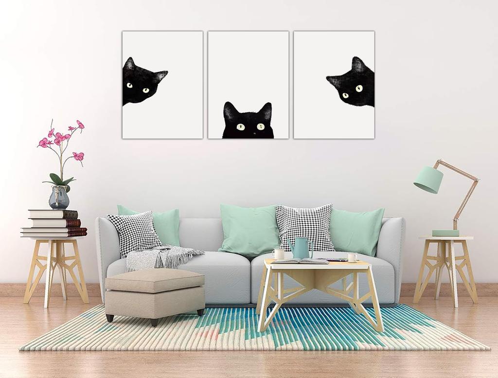 Black Cat Art Decorative Animal Cat Wall Modern Contemporary Poster Sofa Background Wall Hanging for Living Fully Framed 3-Panel Panel, Painting, Art,