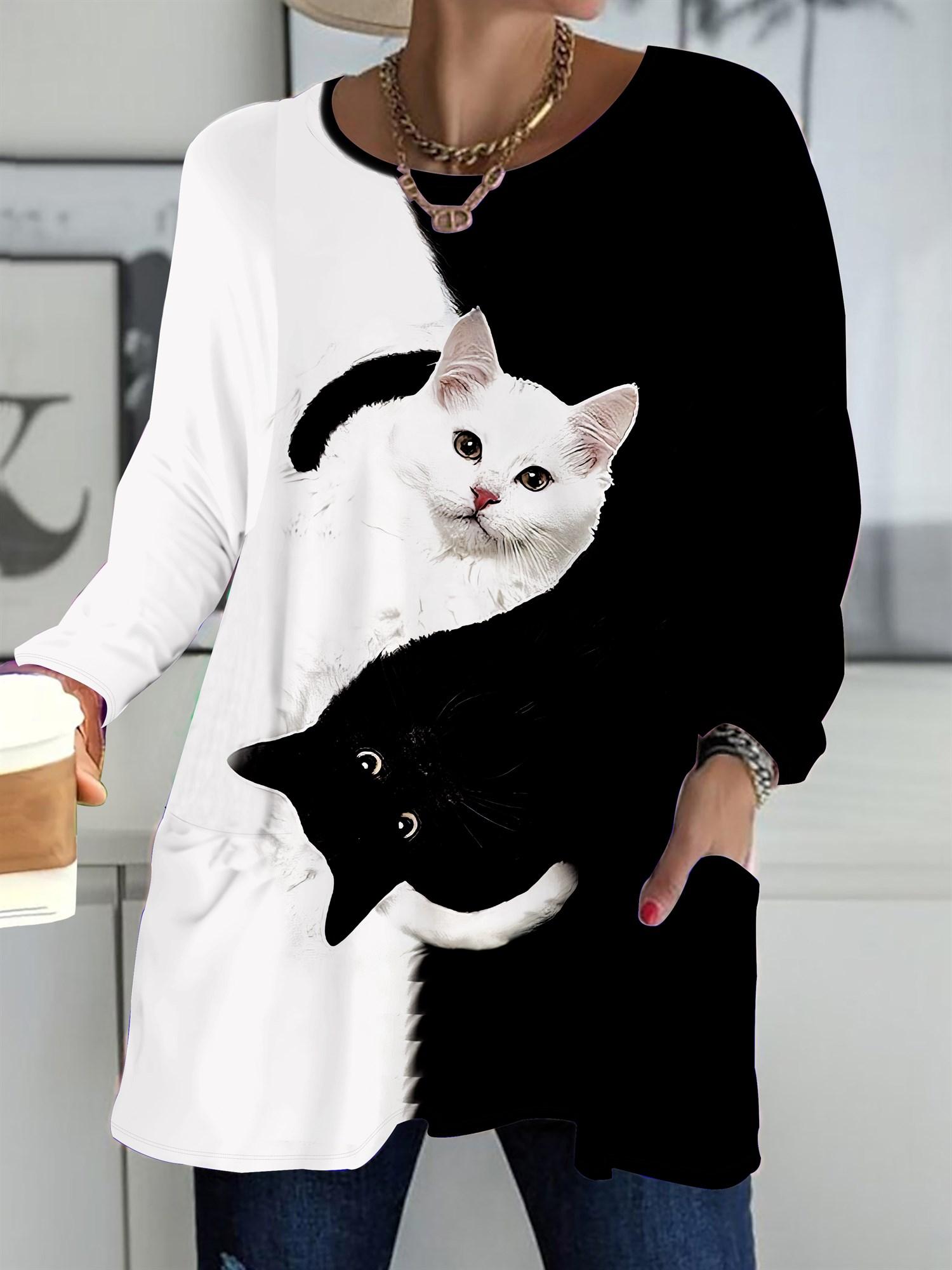 

2025 Autumn Winter New Plus Size Women s Tops, Cat 3D Print Fashion Crew Neck Long Sleeve T-Shirts 6XL чёрный