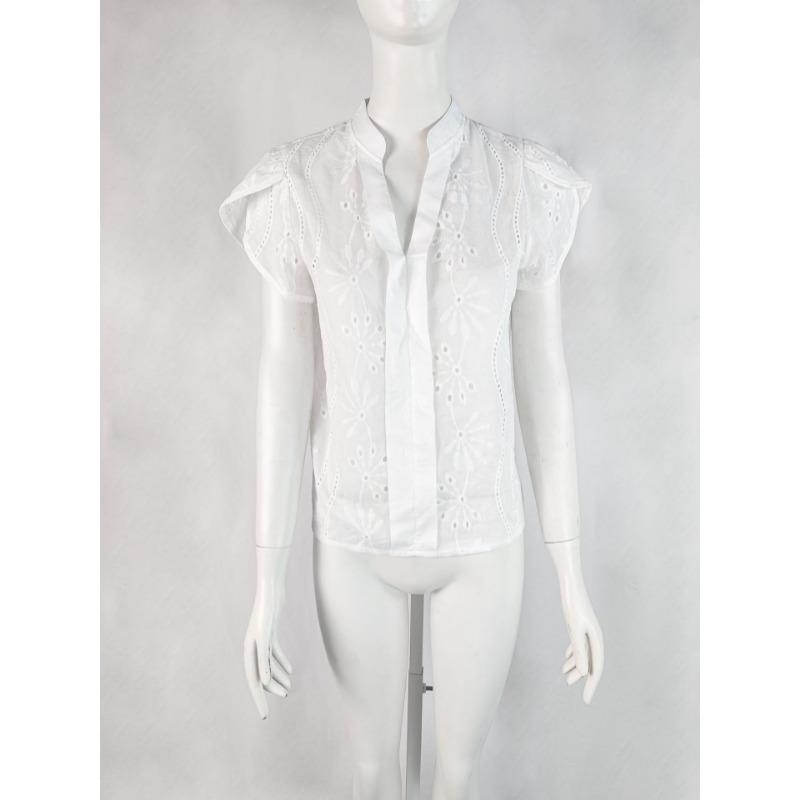 Hollow Out Lace White Blouse Women Fashion Elegant V Neck Loose Sweet Shirts Ladies Casual Office Petal Short Sleeve Tops Simple Female Clothing