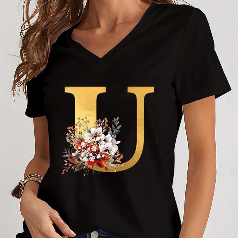 Vintage Flower Alphabet Graphic T Shirts Women Alphabet Rose Gold Essential Women Clothing Gift for Alphabet Floral Lover Tshirt