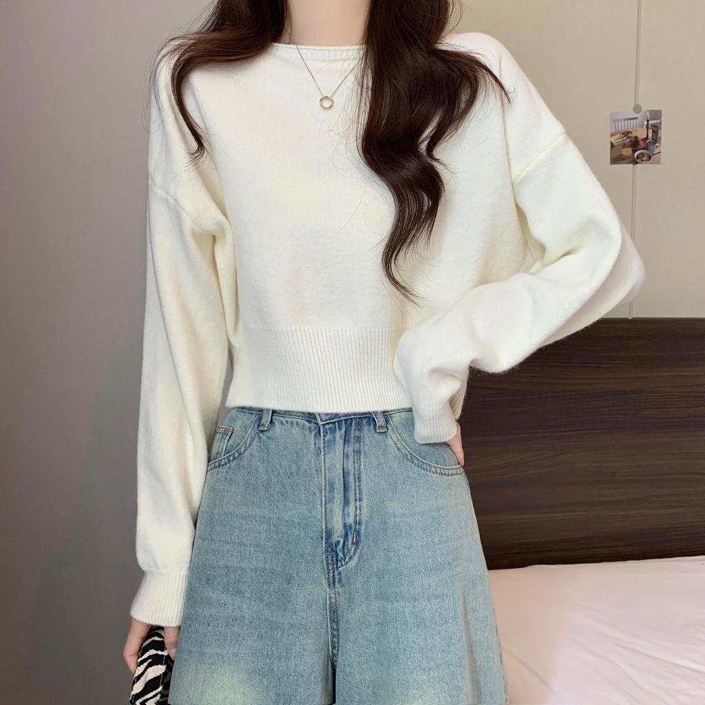 Solid Color Cropped Sweater for Petite Women - 2025 Autumn Korean Academy Style Knit Top