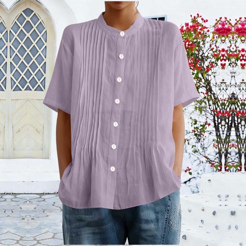 Damen Hellblau Plissierte Bluse Lässig Stehkragen Kurzarm Knopfleiste Einfarbiges Oberteil