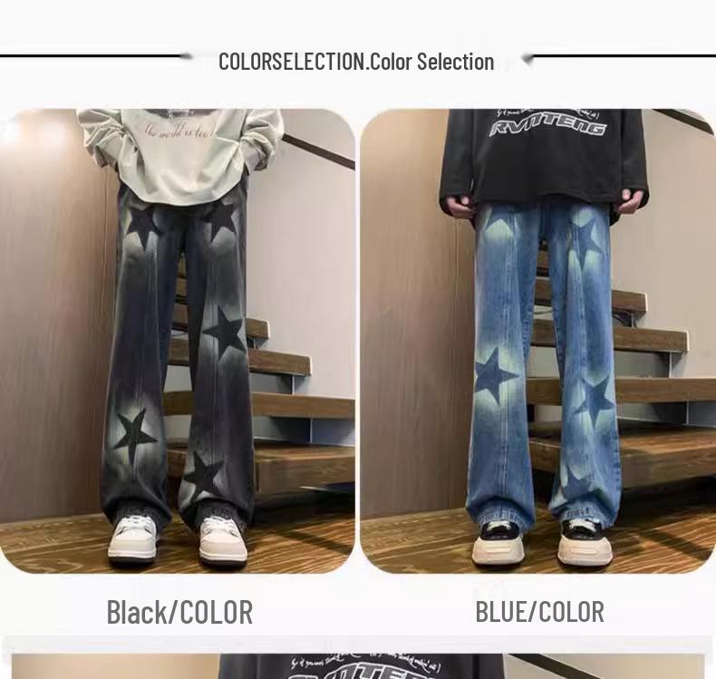 Unisex Korean Street-Style Elastic Waist Dark Star Jeans - Trendy, Loose Straight-Leg for Spring and Autumn