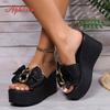 Fashion Aphixta Black Summer 9cm Wedge Heels Slippers Women Metal Bow Mulers Platform Sandals Clog Shoe Slides Plus Size 43