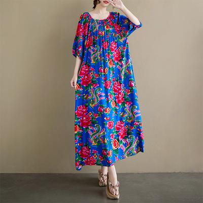 DIMANAF 2025 Plus Size Summer Dress New Vintage Printing Short Sleeve Floral Casual Loose Women Dress Oversized