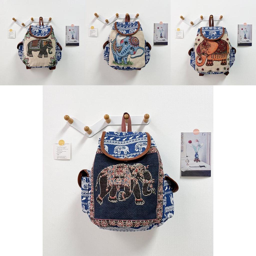 Ethnic Style Embroidered Elephant Canvas Backpack With Hidden Zipper Pocket For Daily Commuting And Travel