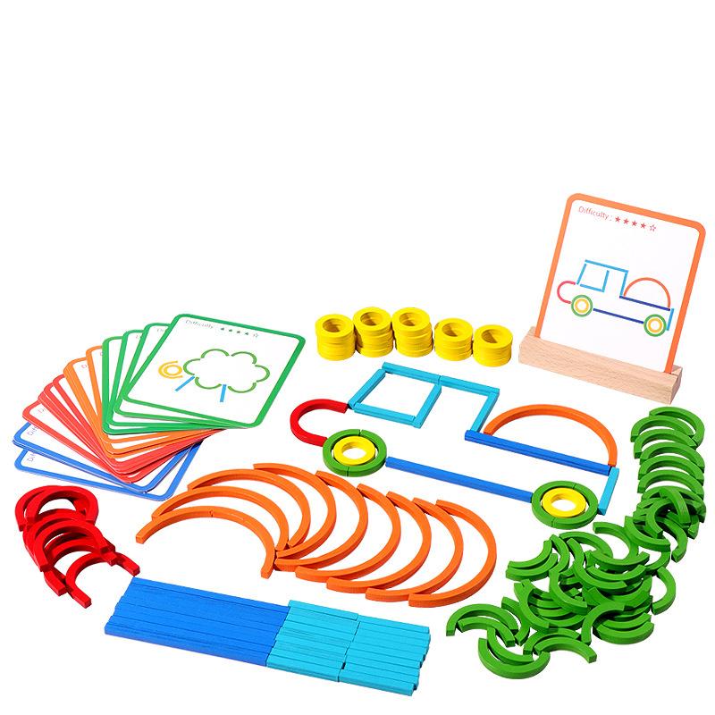 Montessori Smart Sticks Quick Thinking Puzzle Blocks for Toddlers Wooden Sticks and Rings Puzzle Game for Kids Tangram Puzzle