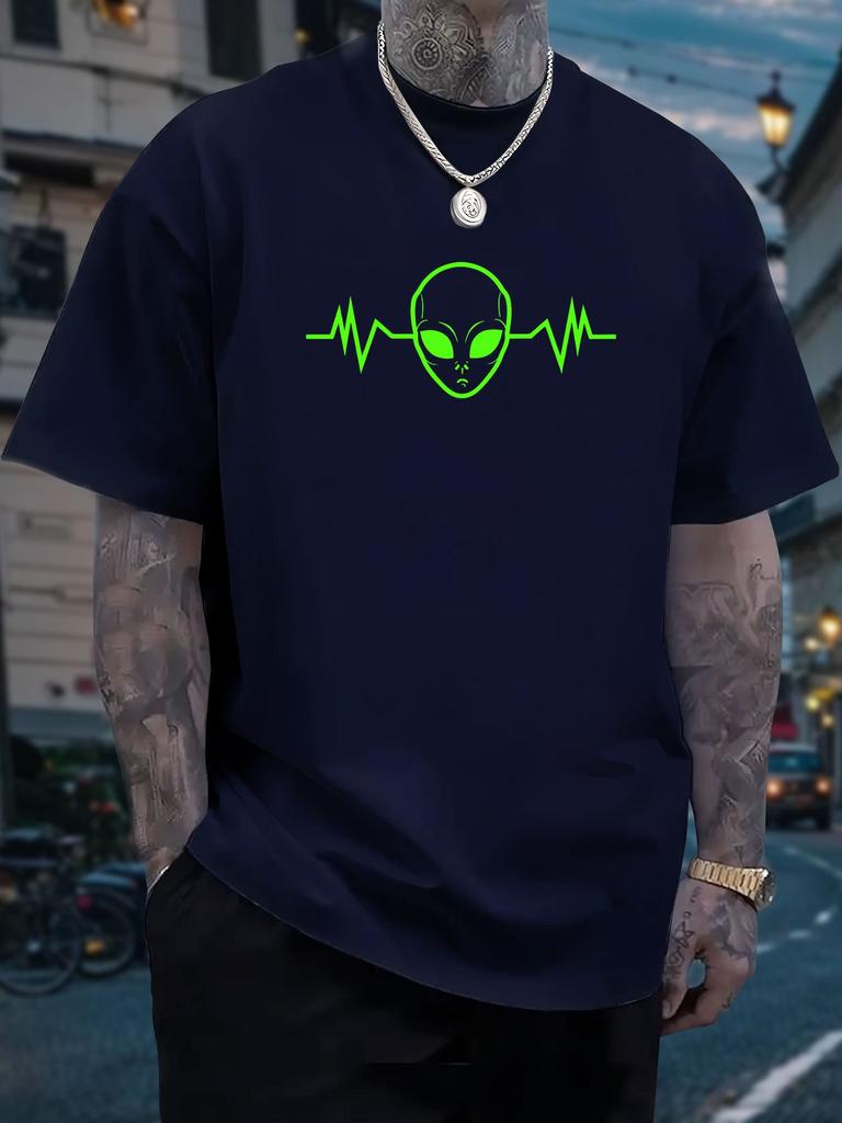 Unisex Rundhals T-Shirt Alien Kopf Herzschlag Puls Neon Print Baumwolle Kurzarm Locker Sommer Atmungsaktiv Täglich Lässig Basic Wear Oberteil