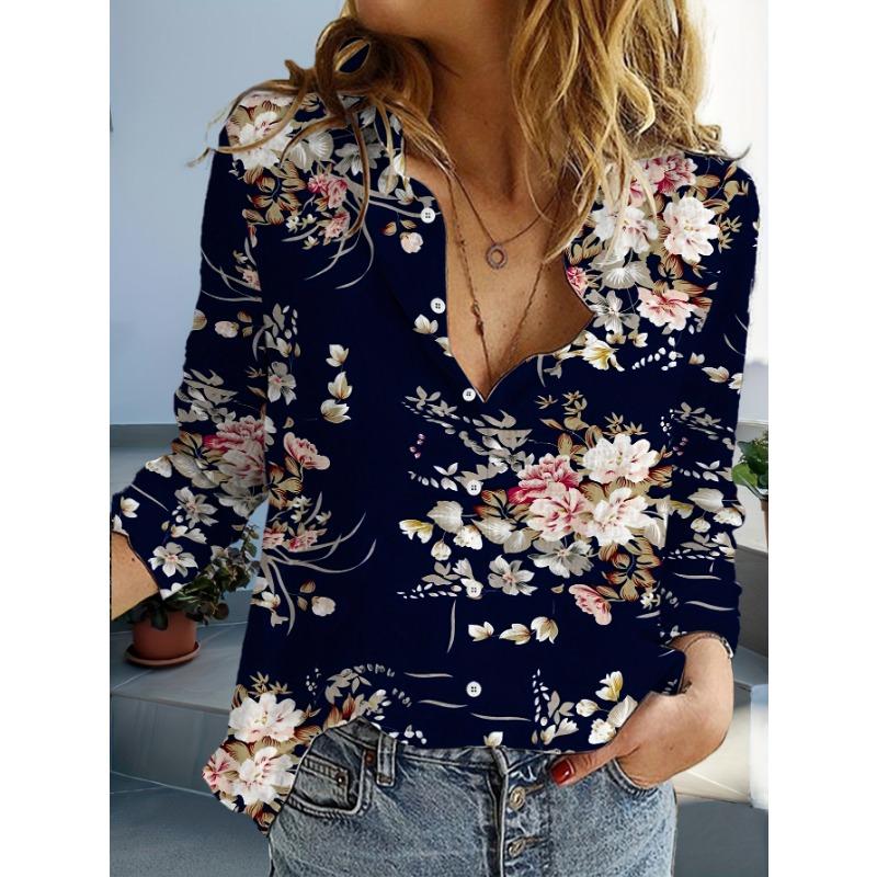 Fashion Flowers Butterflies Pattern 3D Print Women's Long Sleeve Shirt Simple Lapel Tops Autumn Casual Commuter Women Clothing