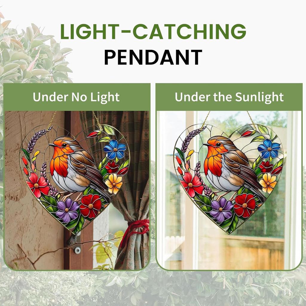 Heart-Shaped Robin Stained Glass Window Ornaments Non-Fading 2D Hanging Suncatchers for Garden Decoration&Housewarming Gifts