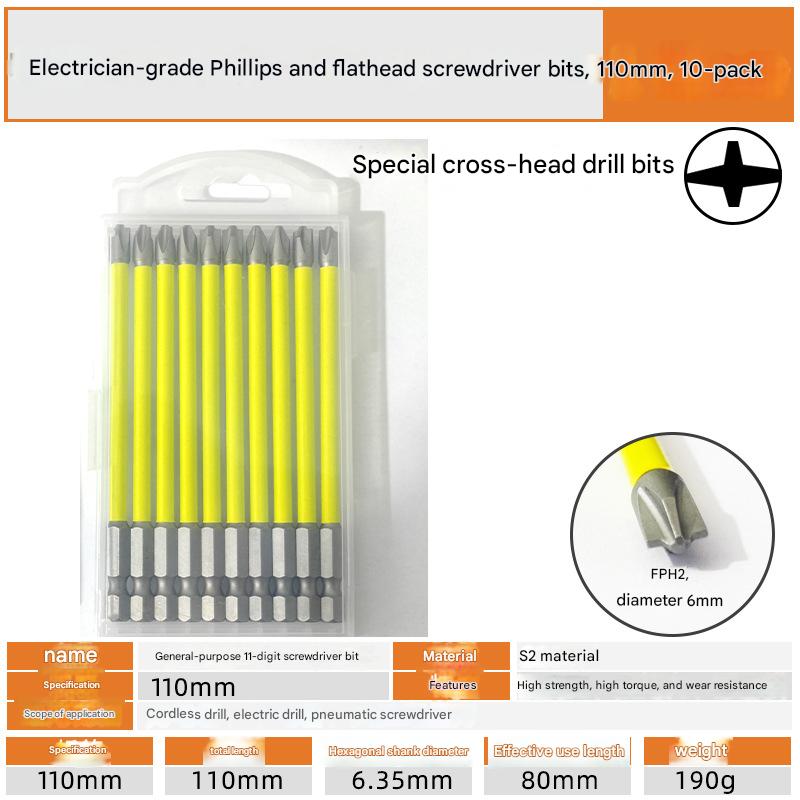 10pcs 65mm 110mm magnetic special slotted screwdriver bits, suitable for electricians, FPH2 type, for use with socket and switch