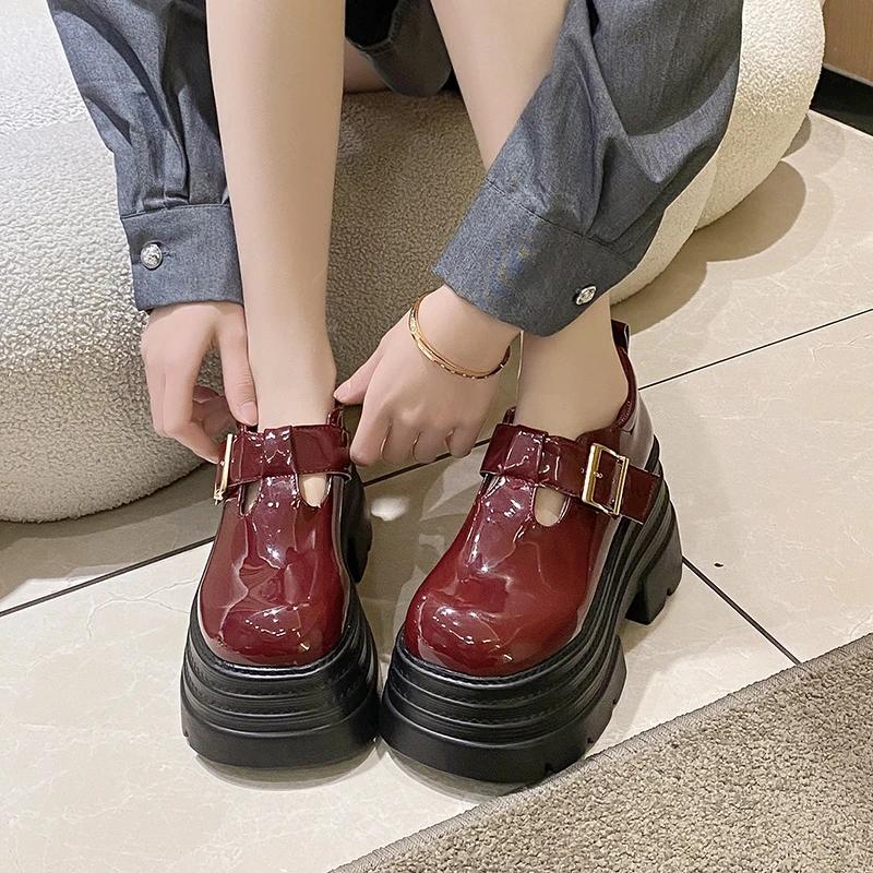 Fashion 2025 Women's High Platform Leather Shoes New Spring 8CM Heels Chunky Sneakers Female Lace-up Buckle Loafers Walking Shoes Woman