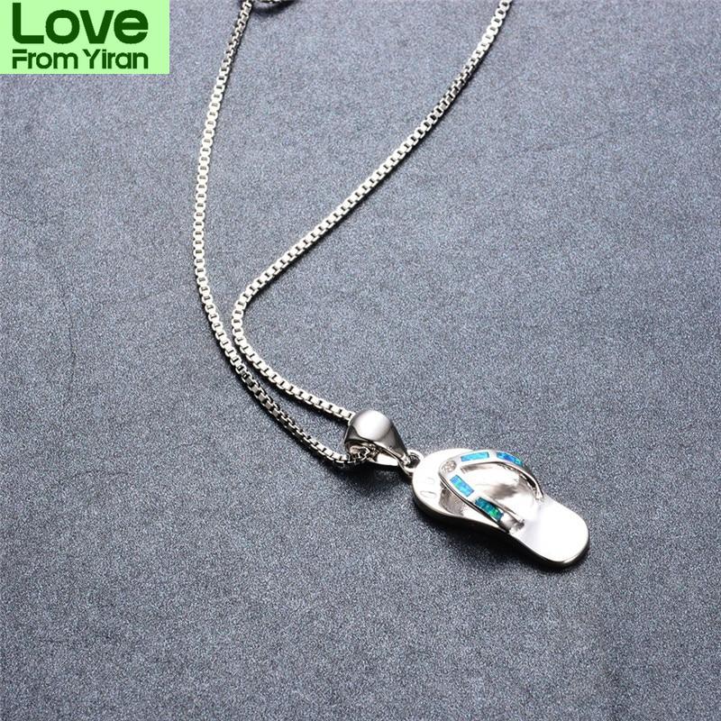 Cute Dainty Small Women Flip Flop Pendant Necklace Blue Fire Opal Stone Pendant Necklaces Bride Jewelry  Sterling Color NecklaceCute