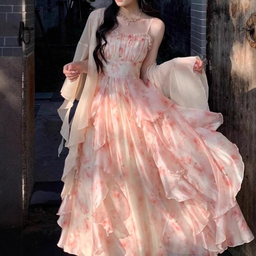 2026 summer new Eden oil painting smudge printing waist ruffle edge suspender skirt Korean version temperament dress