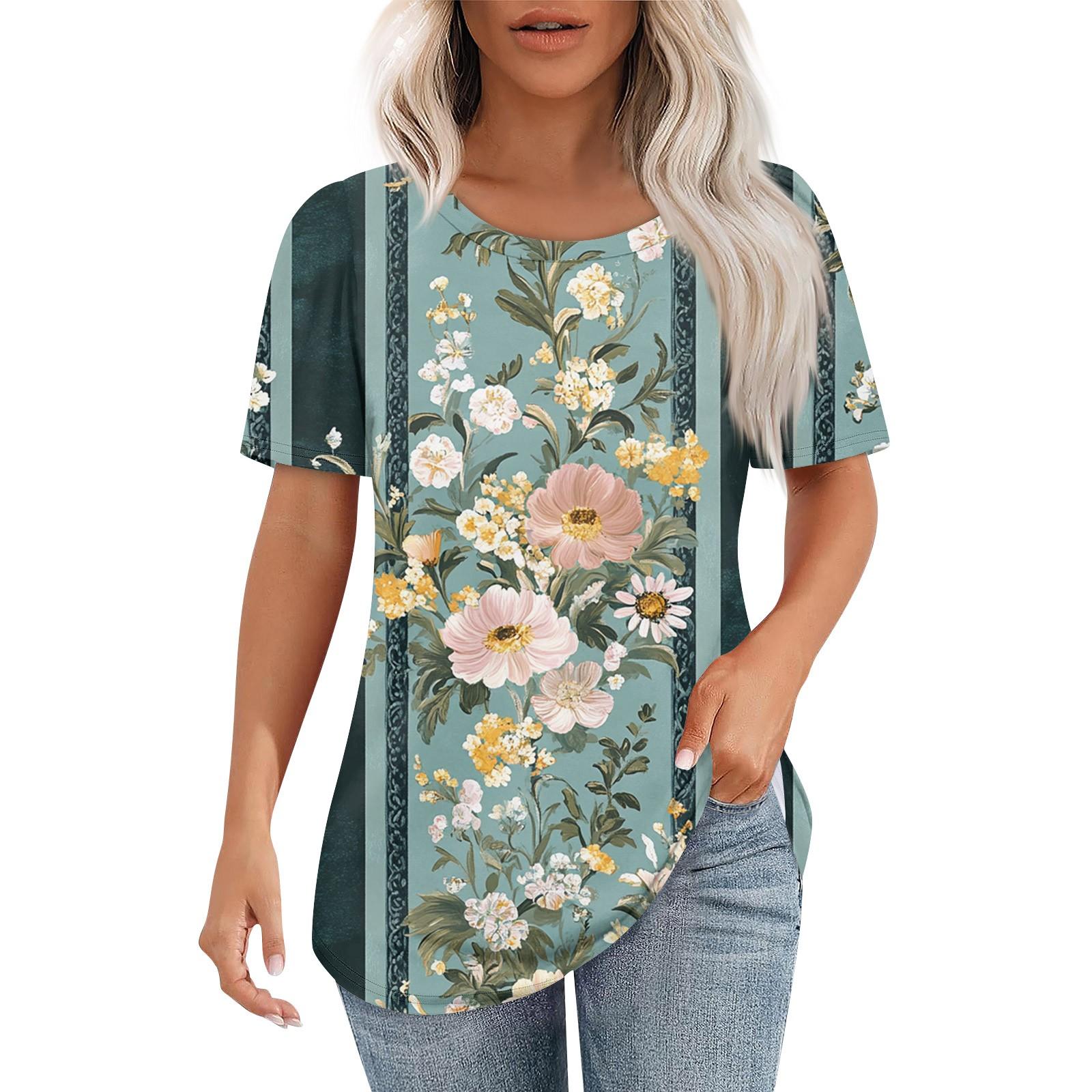 

Футболки для жінок плісировані з круглим вирізом Одягнені повсякденні блузки з принтом з короткими рукавами Літні топи вільного крою XXL зелений