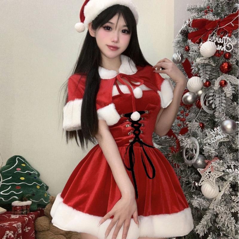Sexy Lingerie Princess Look! Christmas Shawl Velvet Dress Sexy Lace-up Waist Pure Lust B82