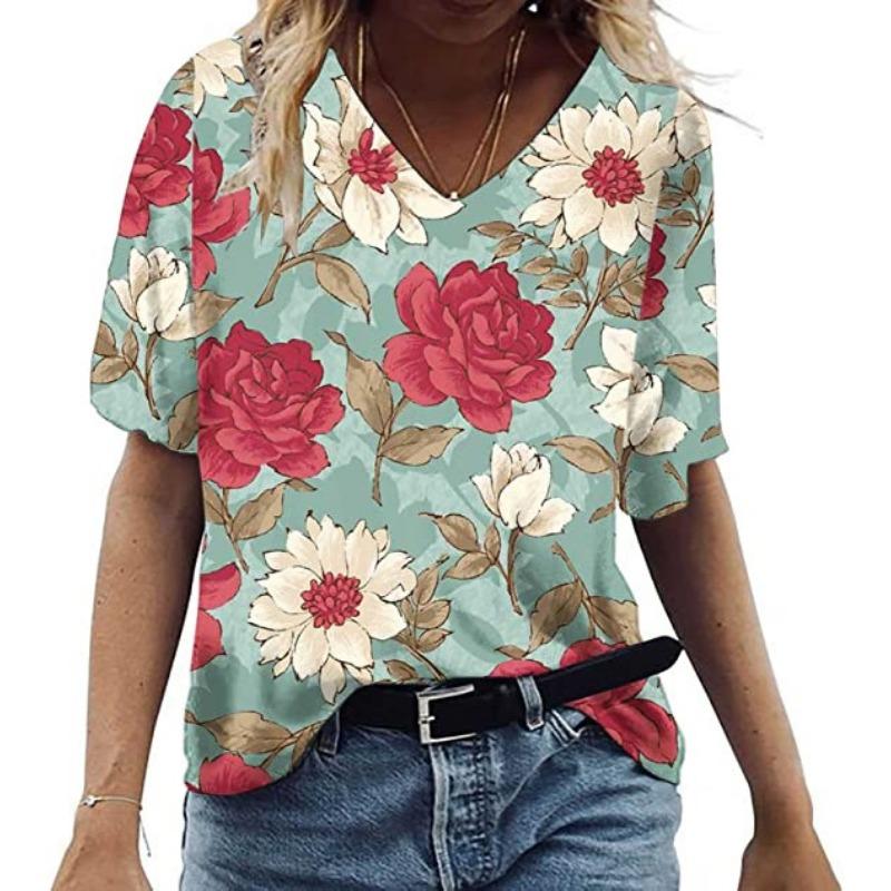 Summer V-neck 3D Feather Flower Printed Top Fashionable Casual Short Sleeved Women's T-shirts