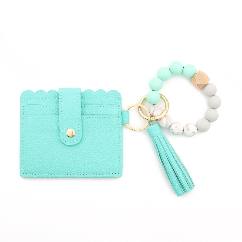 Leopard Print Silicone Bead Bracelet Wallet with PU Leather Tassel Keychain