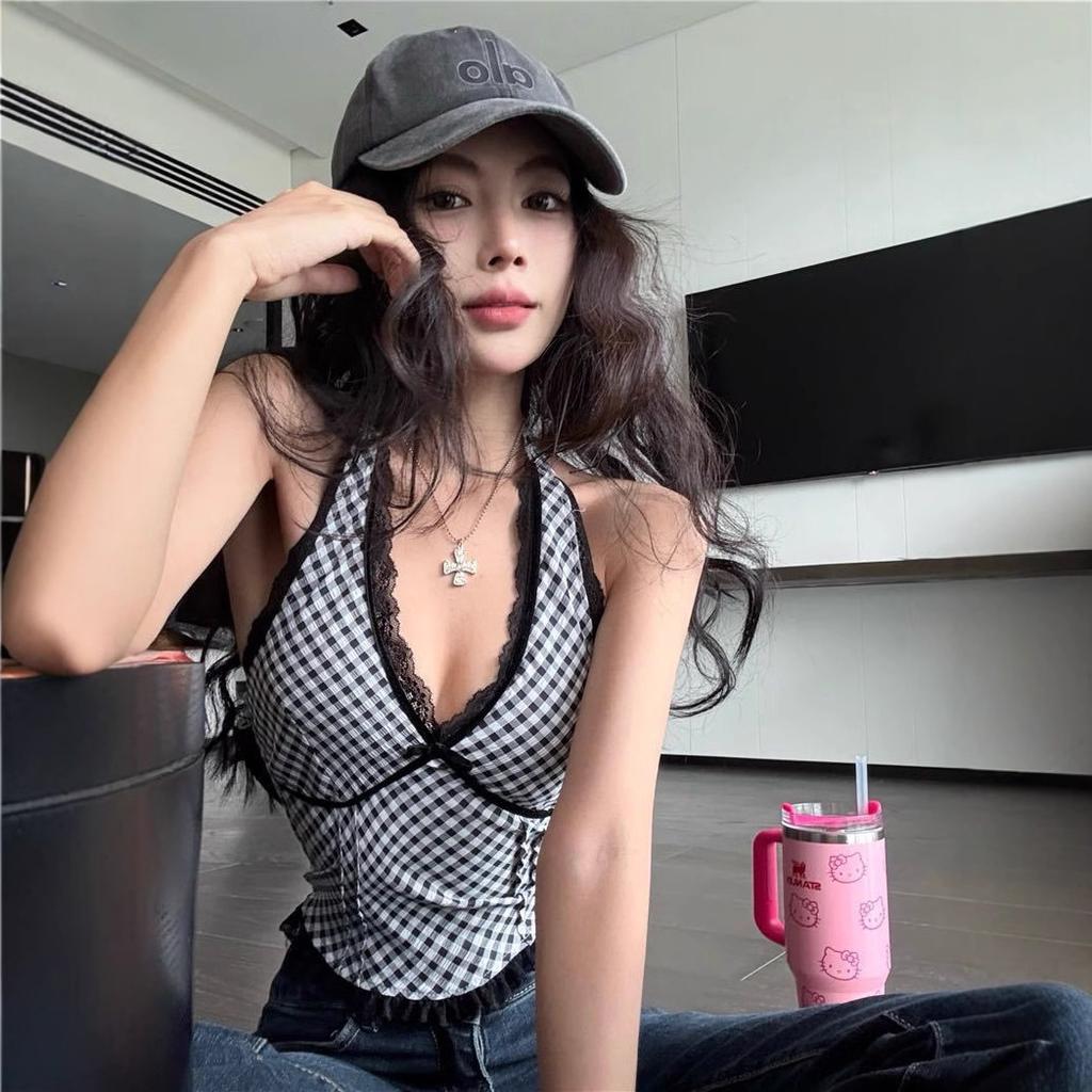 #Summer new niche plaid vest suspender women's splicing lace inside sexy neck spice girl top trendy