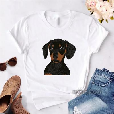 Cartoon Sausage Dog Printed Y2K Cute Cotton Top American Retro White Round Neck Short Sleeved T-shirt Summer Loose Top Female