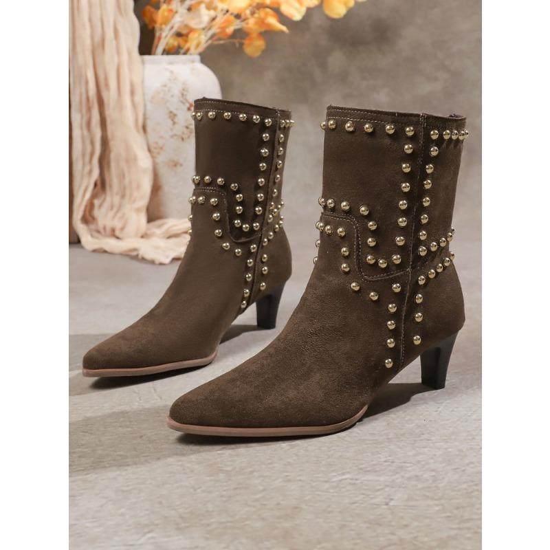 Women's Plus Size New Autumn Nubuck Rivet Stiletto Mid-Calf Martin Boots