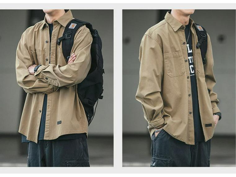 Men's Japanese Retro Long Sleeve Work Shirt - Korean Style Trendy Loose Fit with Pocket
