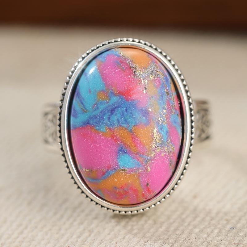 Vintage Inlaid Multicolored Stone Women's Ring Trendy CopperColor Geometry Daily Wear Party Jewelry Anniversary Gift