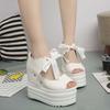 2025 Summer Bow Korean Version of the New Super High Heel Wedge Thick Sole Inner Height Increase and Thin Hollow Fish Mouth Sandals Women