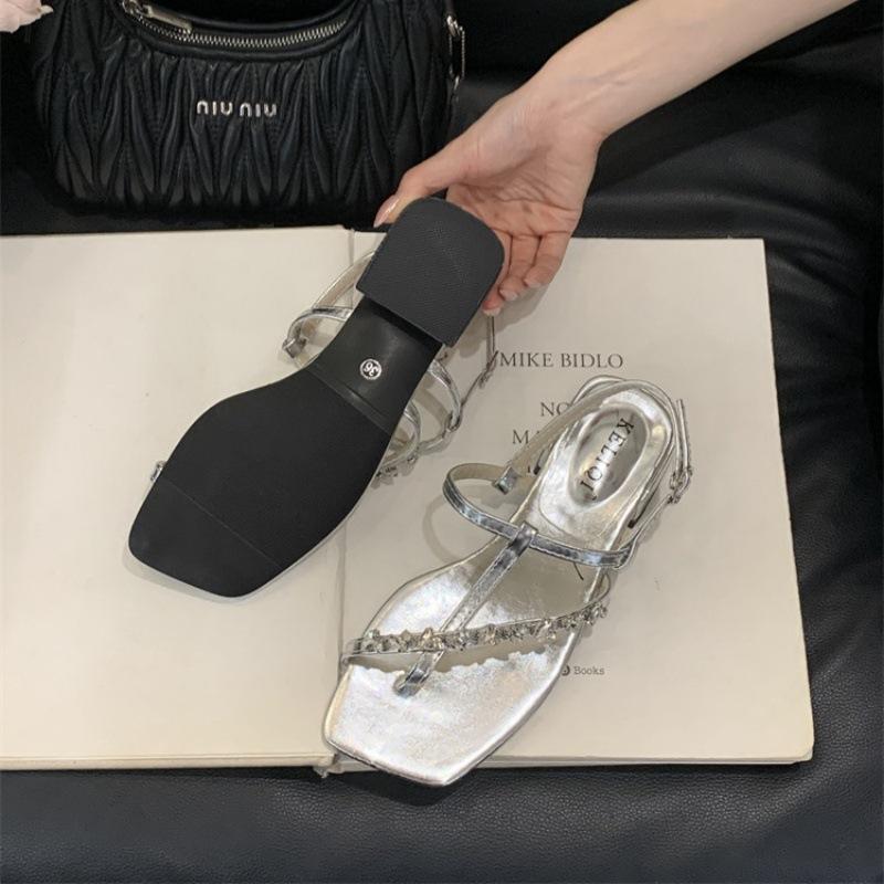 

French Roman shoes gentle square head cool slippers women s summer wear 2025 new thick heel sandals women s word belt 40 серебряный