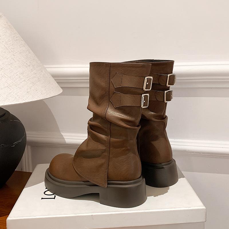 New Spot Maillard~ Retro Medium Tube Martin Boots Women's British Style 2025 Autumn and Winter Folded Pants Pile Pile Pile Pile