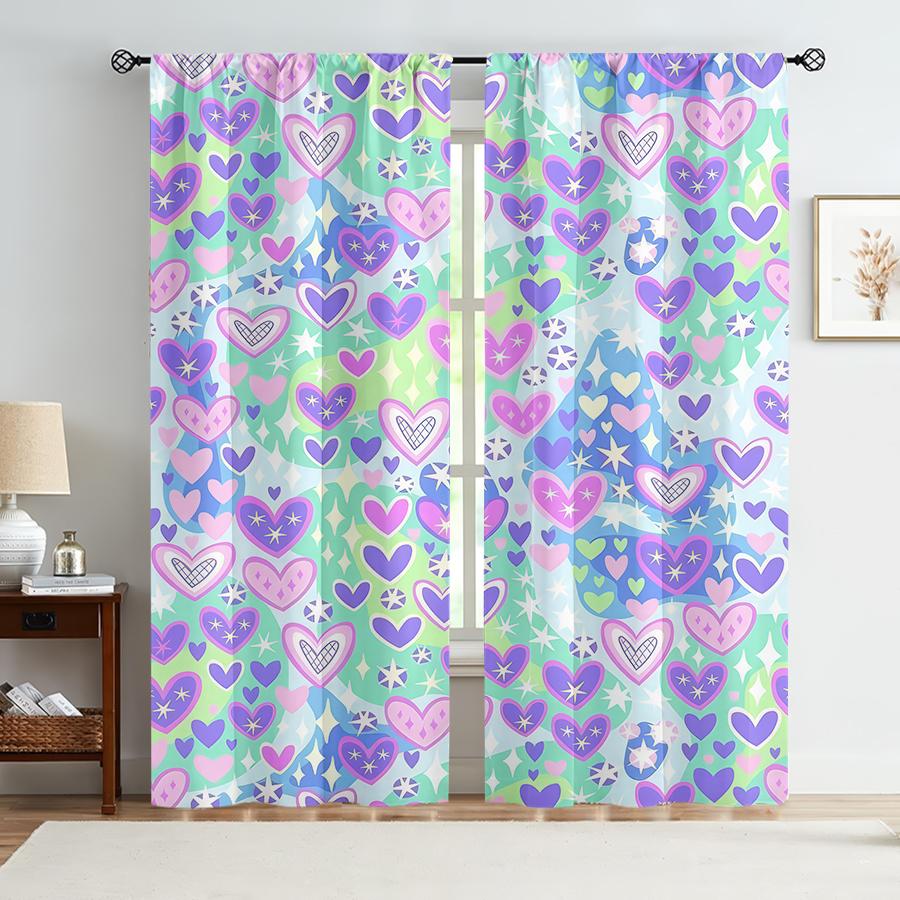 Tonnika Chen Pink/Purple Set Of 2 Star Heart Contrast Curtains Playful Style Bedroom Living Room Drawbar Pocket Made Polyester Sitting Window Treatment
